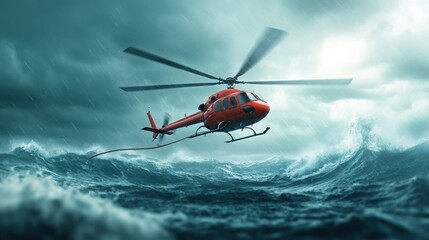 Fototapeta premium Rescue helicopter navigating stormy seas, dramatic sky, intense action shot.