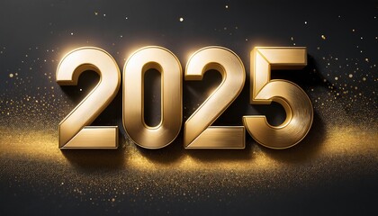 The golden 3D numbers "2025" stand against a dark background, surrounded by glittering gold particles. 