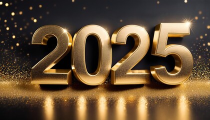 The golden 3D numbers "2025" stand against a dark background, surrounded by glittering gold particles. 