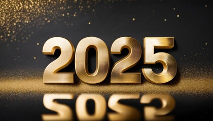 The golden 3D numbers "2025" stand against a dark background, surrounded by glittering gold particles. 