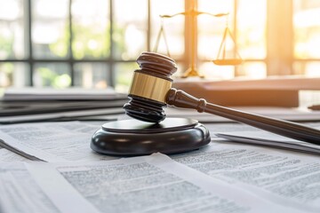 A gavel descends on a sound block amidst a flurry of legal papers, embodying the essence of justice and order.