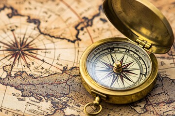 An antique brass compass lies atop a weathered map, sparking memories of bygone adventures and the spirit of exploration.