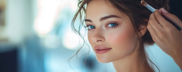 Fototapeta premium A close-up portrait of a woman receiving a makeup application, showcasing natural beauty and a soft, elegant style.