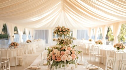 Elegant wedding reception setup with floral arrangements and draped fabric, creating a romantic and inviting atmosphere.