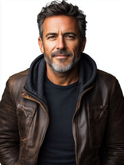 Fototapeta premium A portrait photograph of a middle-aged businessman with a subtle smile, set against a clean white background.