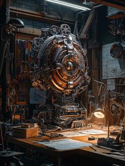 Fototapeta premium A complex metallic destruction device, adorned with detailed mechanisms and surrounded by schematics and tools in a bustling workshop.