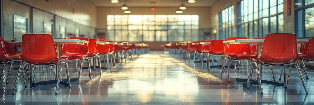 Canvas Prints Empty Cafeteria with Red Chairs