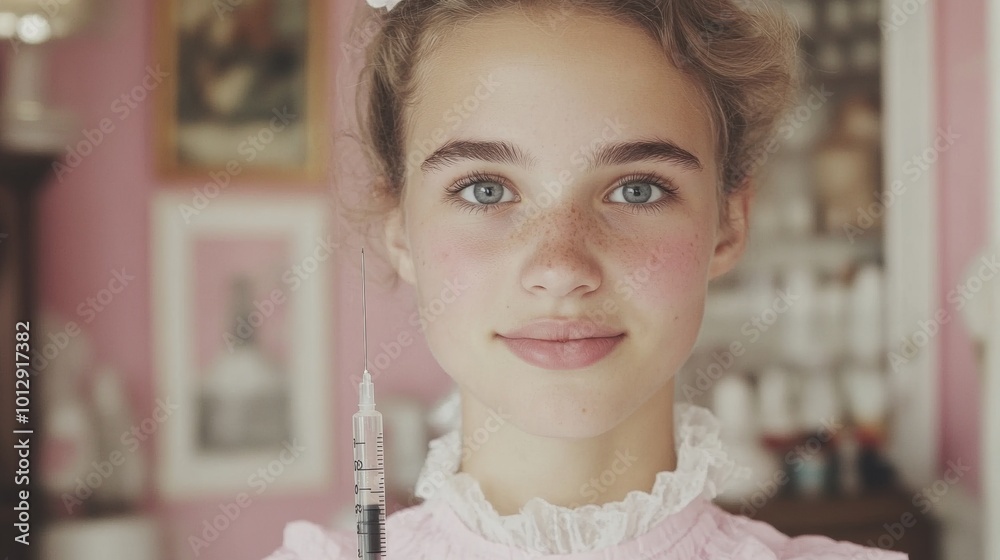 Canvas Prints A young woman holding a needle in her right hand