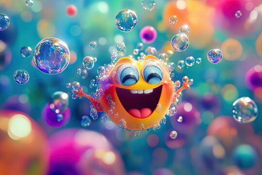 A Smiling Orange Character Surrounded by Bubbles