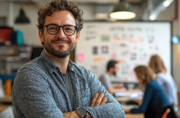 Obraz premium Confident man in casual attire with glasses standing proudly in a creative office workspace with colleagues collaborating in the background
