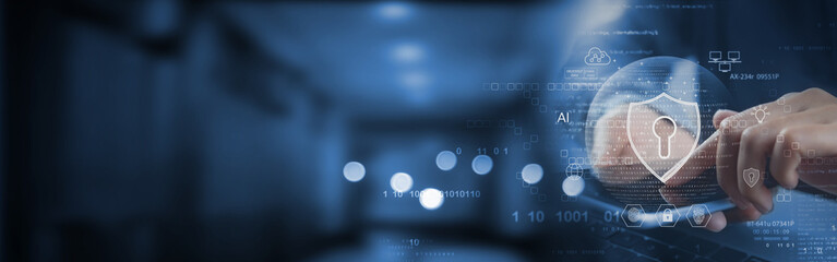 Cyber security network. Data protection concept. Businessman using laptop computer with digital...