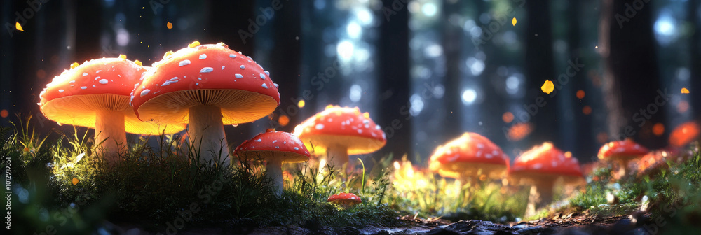 Canvas Prints A cluster of red and white mushrooms with white spots glow in the soft light of the forest floor.