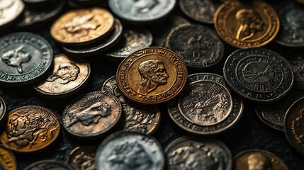 Intricately designed coins lie scattered on a shadowy backdrop, reflecting their rich historical value in a striking image.