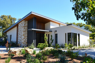 Fototapeta premium the exterior front view of an architecturally designed home in portrait orientation, featuring white walls with stone accents and dark windows on one side. The roof is flat with eaves that reach down.