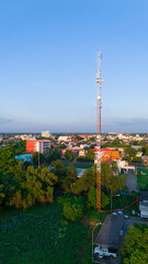 Obraz premium Telecommunication tower of 4G and 5G cellular. Antenna transmission communication. Cell phone signal base station.