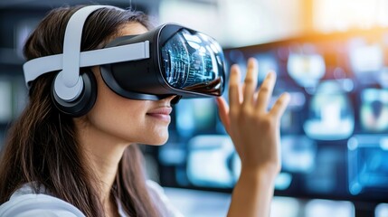 Woman wearing VR headset interacting with virtual reality.