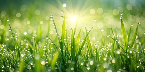 Fototapeta premium A Tapestry of Dewdrop Reflections in a Lush Meadow, Illuminated by the Gentle Morning Light