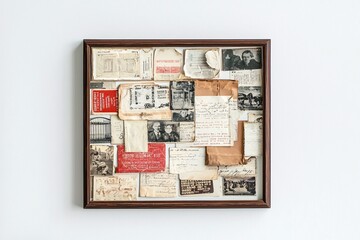 A curated assortment of nostalgic paper treasures, including postcards and tickets, elegantly showcased in a framed mockup against a pristine white backdrop.