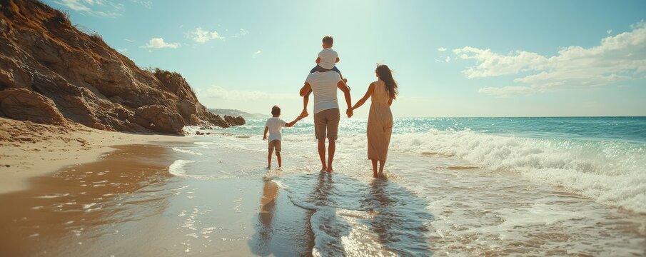 Happy family enjoying a beach walk with father carrying son on shoulders under the sunset sky