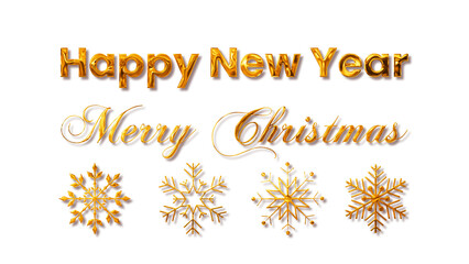  set of golden snowflakes and merry christmas and happy new year texts on transparent background, winter holidays isolated design elements