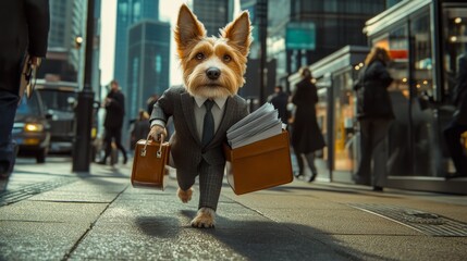 A dynamic scene of an anthropomorphic terrier dressed in a sharp business suit, running through the city with two briefcases. The motion and energy evoke a sense of urgency and humor, blending