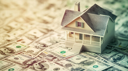 Dream Home on a Bed of Cash: A miniature house, a symbol of aspirations and financial stability, sits majestically on a bed of US dollar bills.investment 