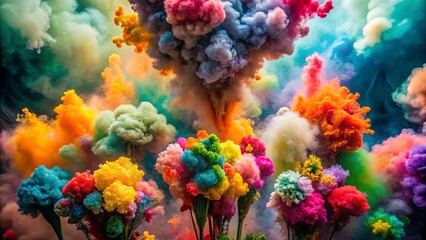 Fototapeta premium A vibrant symphony of colors erupts into an abstract dreamscape, swirling smoke transforming into fantastical floral formations.