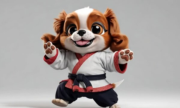 Digital illustration of cartoon puppy in martial arts robe, playful and colorful style.