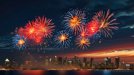 Obraz premium Colorful Fireworks Over City Skyline at Midnight: A Spectacular Celebration