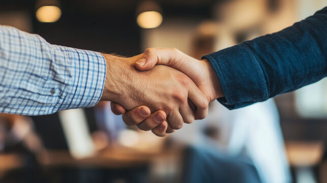 Business people are shaking hands in an office. This symbolizes trust, partnership, and agreement in business dealings. It could be a deal, a welcome for a new collaboration, or a consultation.