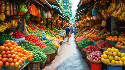 Obraz premium Cultural Exploration in a Bustling Asian Fruit Market: A Vibrant Journey