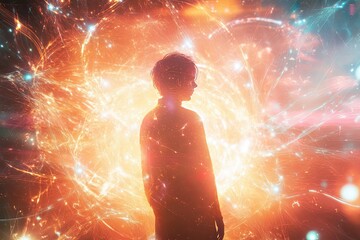 Naklejka premium Silhouette of a Person Standing Before a Glowing Orb of Light and Sparks