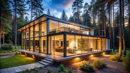 Obraz premium Modern Residence Nestled Amidst a Verdant Forest, Illuminated by the Soft Glow of Evening Light