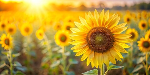 Fototapeta premium A Single Sunflower Basking in the Golden Glow of the Setting Sun, Surrounded by a Field of Its Kind