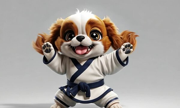 Digital illustration of cartoon puppy in martial arts robe, playful and colorful style.