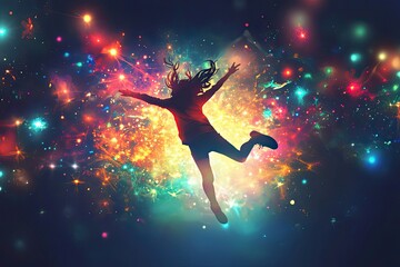 Obraz premium A Silhouetted Figure Leaps Through a Colorful Explosion of Light