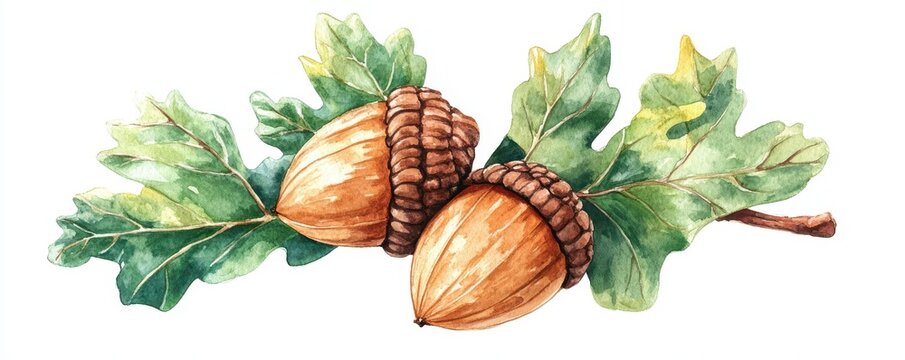Watecolor set of Oak Tree Branch on color background,Thanksgiving card,leaves,Green Leaves,Acorns,autumn fruits,nuts,Colorful autumn collection,Hand drawn illustration.