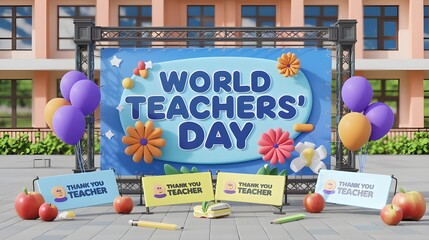 Outdoor World Teachers' Day event with balloons a school building and colorful decorations Celebrating the dedication of teachers worldwide on October 5th in a schoolyard setting