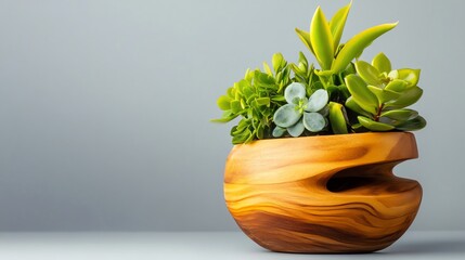 Stylish wooden planter with lush green succulents, soft gray background.