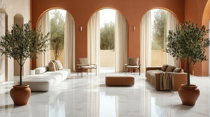 A plush Mediterranean living room featuring plush white marble floors