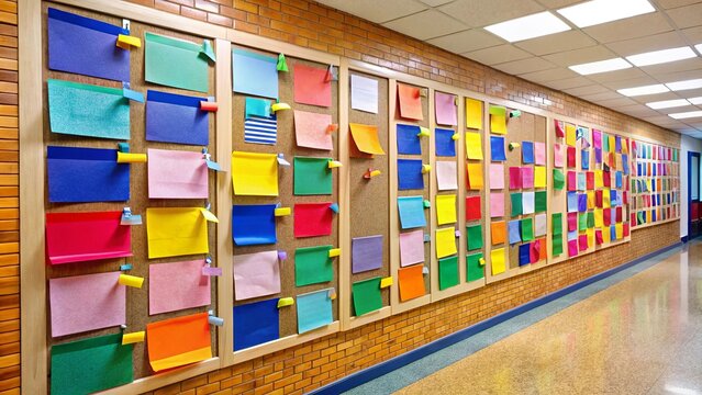 A vibrant hallway adorned with numerous colorful squares, each fastened to a corkboard, creates a visually stimulating environment.