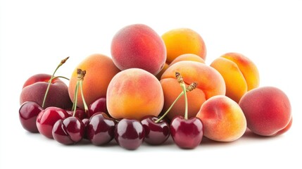 A fresh variety of stone fruits like peaches, nectarines, and cherries isolated on white