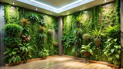 Fototapeta premium A verdant living wall, crafted from a variety of plant life, transforms an interior space into a serene oasis, inviting tranquility and a sense of renewal.