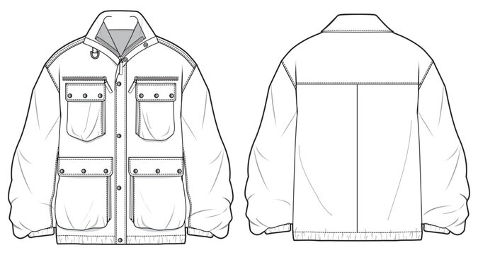 Military jacket design flat sketch Illustration front and back view vector template, Winter Bomber Jacket for men and women