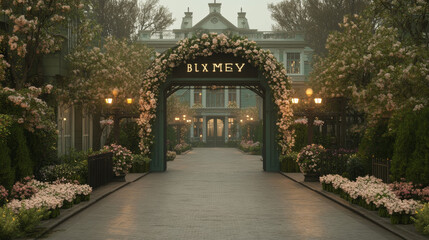 Obraz premium A grand entrance to a mansion adorned with a floral archway and lit by lanterns, creating a romantic atmosphere.