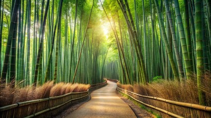 A winding path through a dense bamboo forest, sunlight illuminating the verdant foliage, creating a sense of serene tranquility.