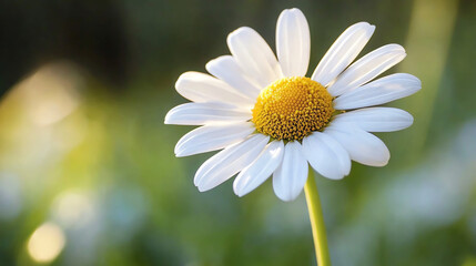 Fototapeta premium A single white daisy with a yellow center, in a blurred green background.