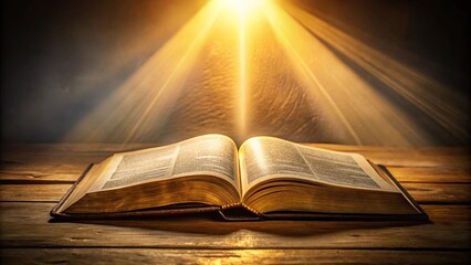 A well-worn book open on a rustic wooden surface, bathed in the warm glow of a heavenly light beam.