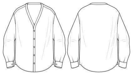 Men's long sleeves band collar cardigan shirt flat sketch illustration front and back view, Mandarin collar Woven shirt for formal wear and casual wear fashion illustration template mock up