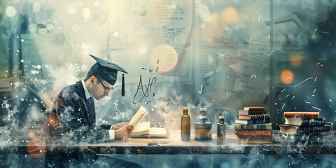 Naklejka premium Young scientist is reading a book at his desk, surrounded by chemical formulas and scientific equipment